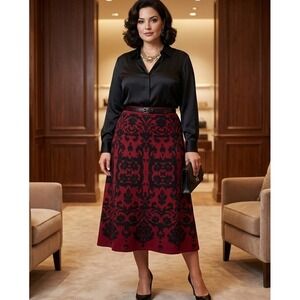 SOFT SURROUNDINGS 2X Damask Knit Midi Skirt Red Black Elegant Sophisticated
